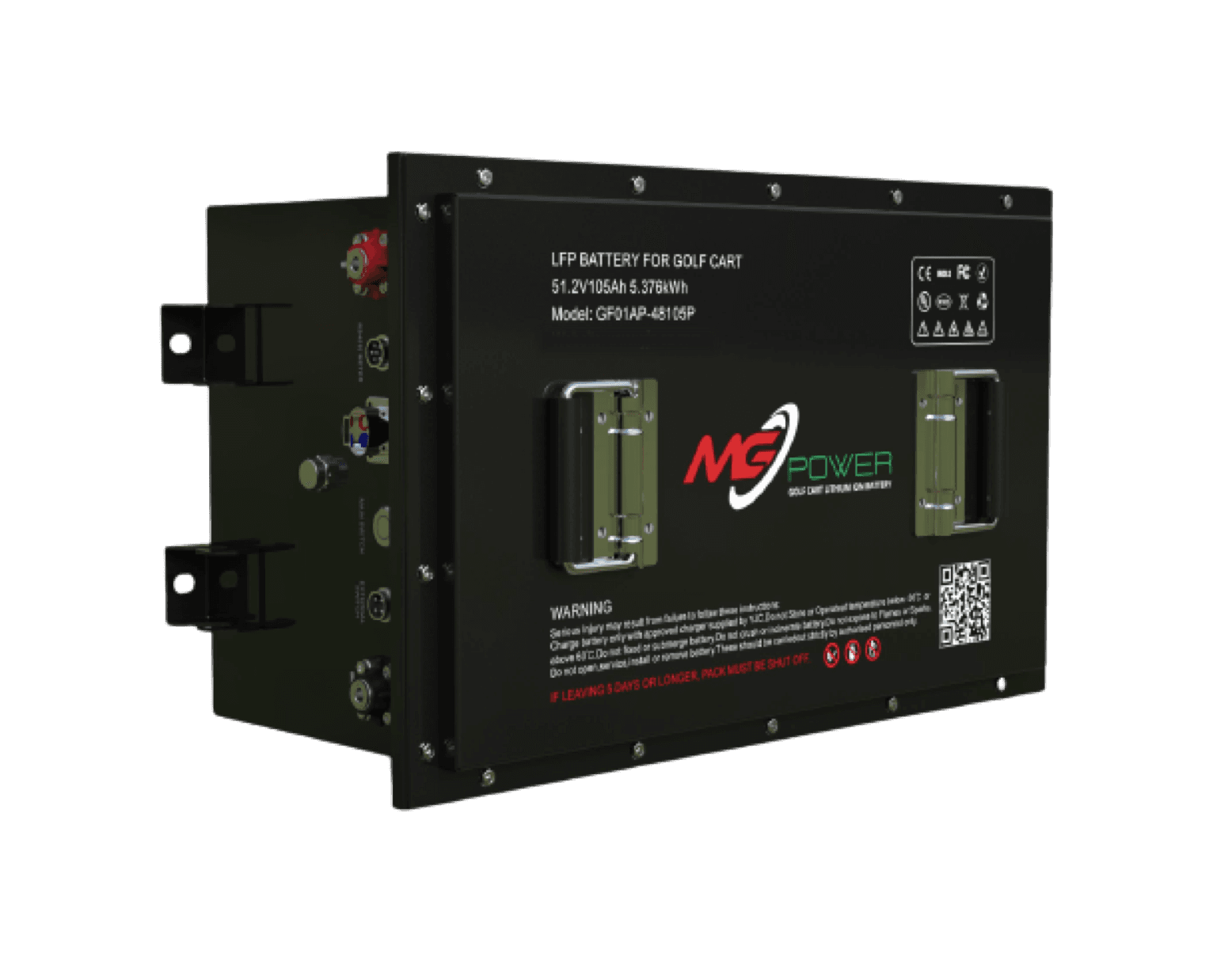 Vista lateral del pack MG Power E105 mostrando dimensiones compactas